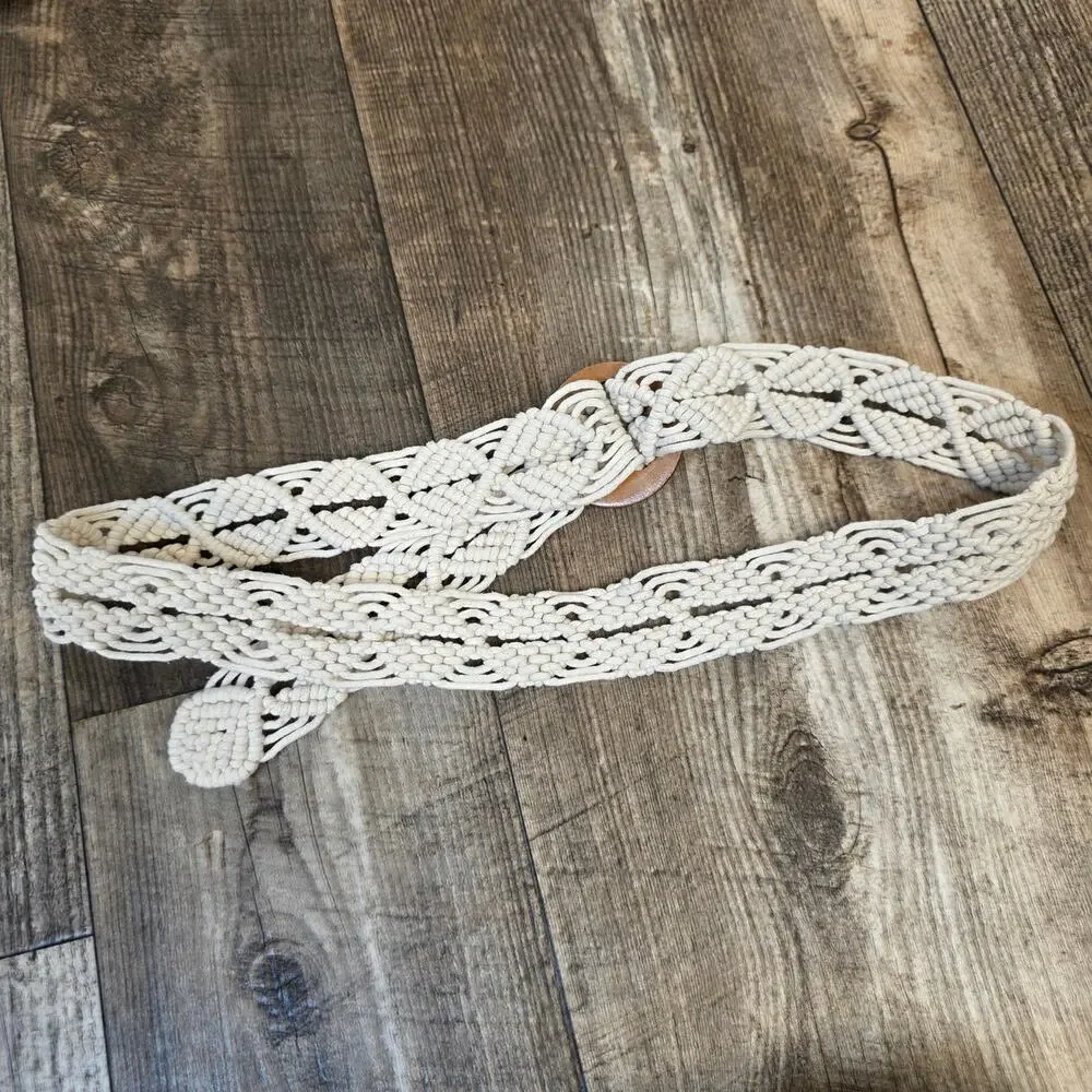 Vintage Cream Woven Fabric Belt Boho Coastal Cowgirl Crochet Wooden Buckle